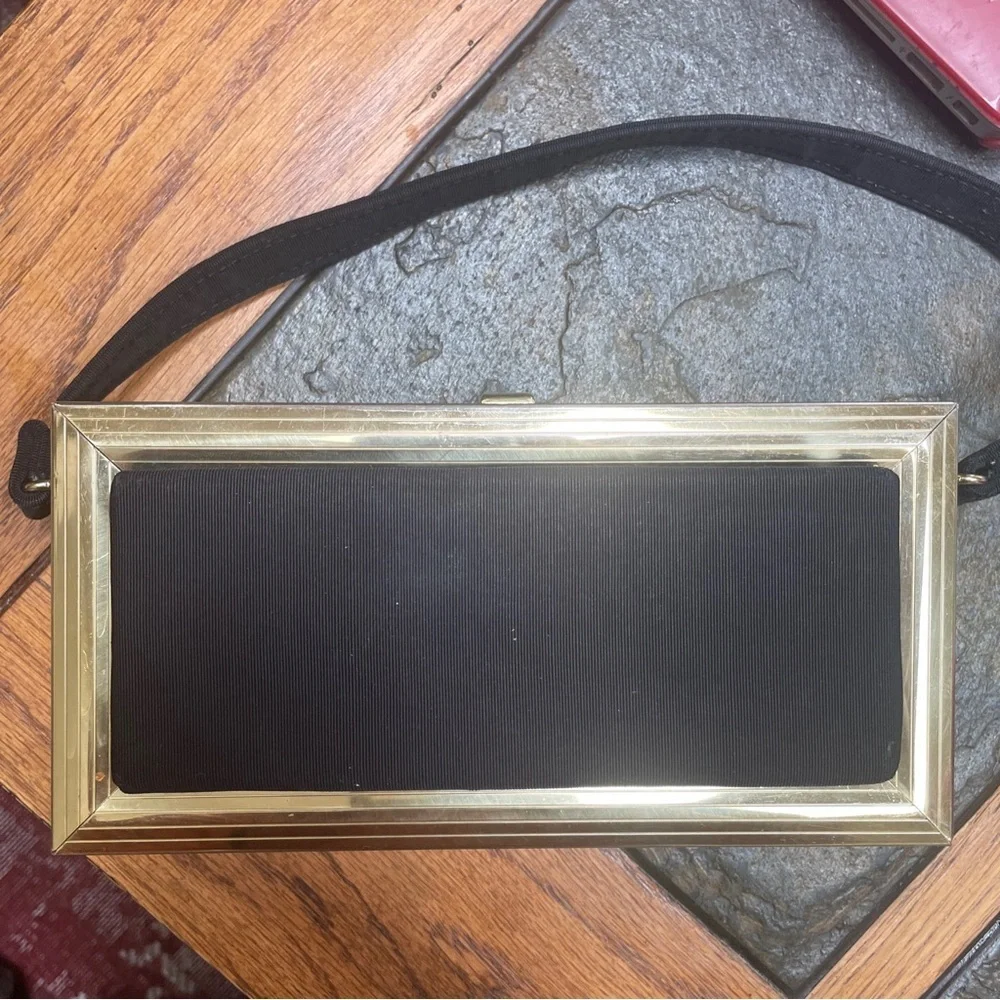 Vintage Black and Brass Box Purse Red Lining Hard Unique Hand Bag Clutch - Picture 2 of 7